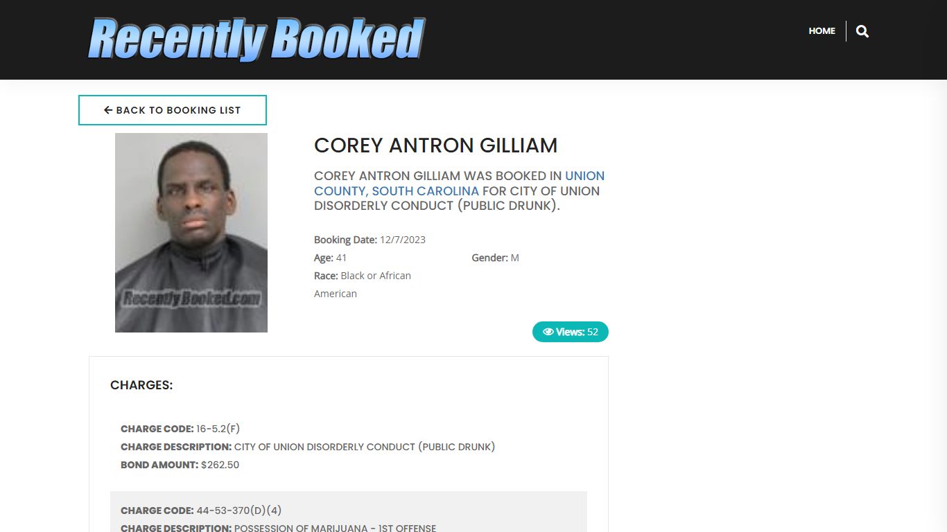 Recent Booking / Mugshot for COREY ANTRON GILLIAM in Union County ...